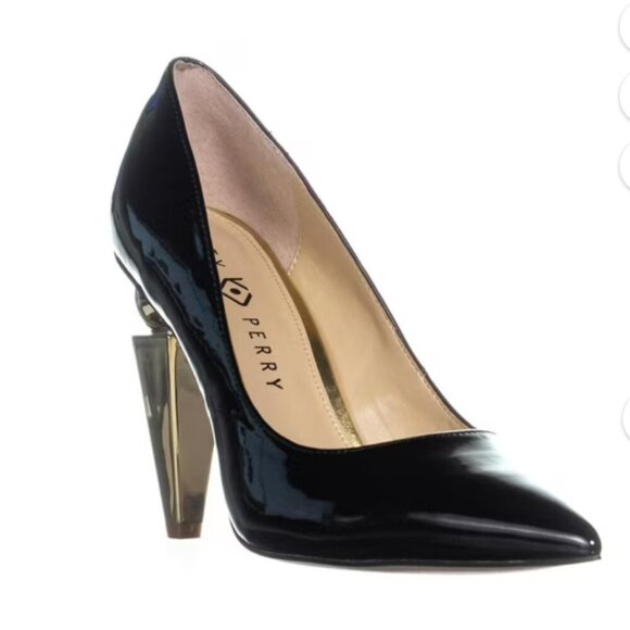 Katy Perry The Memphis Pointed Toe Heels, Black Patent, geometric heel - Picture 1 of 14